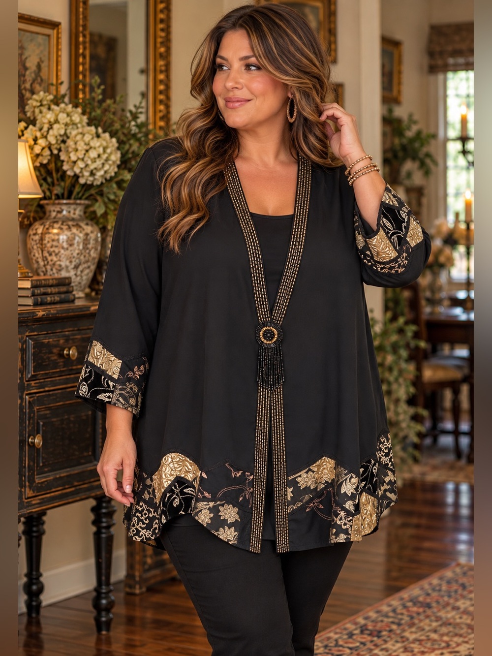 Vintage Diane Freis Embellished Black and Gold Long Jacket. Size 1X